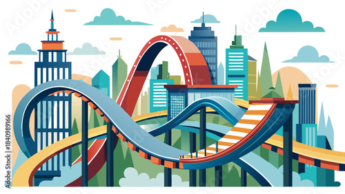 colorful roller coaster looping through futuristic cityscape with iconic landmarks and vibrant skyline