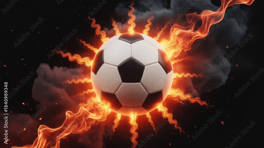 Fototapeta premium Burning Soccer Ball: A dramatic depiction of a soccer ball ablaze with fiery energy, surrounded by dark smoke, symbolizing passion and intense competition.