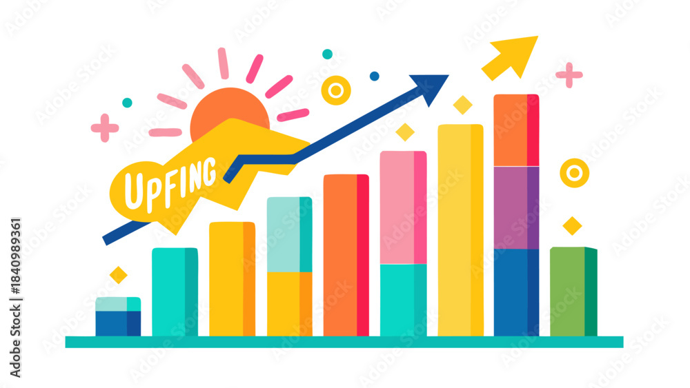 Fototapeta premium Vibrant bar chart with upward trend and upfing logo, business growth concept