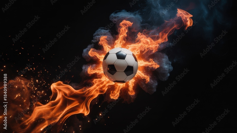 Naklejka premium Fiery Soccer Ball: A dynamic image showcasing a soccer ball engulfed in vibrant flames and smoke.