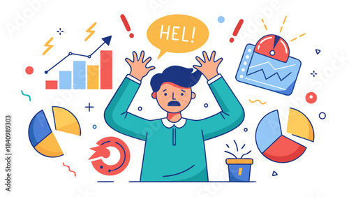 Retro t-shirt design with overwhelmed businessman surrounded by chaotic office icons and colorful infographics