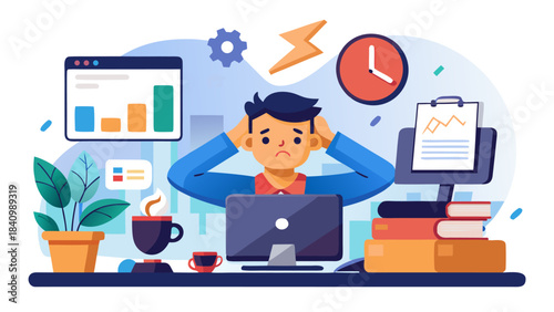 Retro t-shirt design concept: stressed businessman multitasking with laptop, clock, and productivity icons