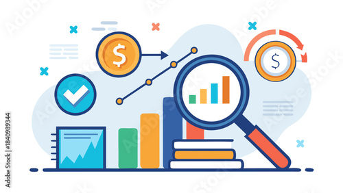 Retro t-shirt design with financial growth concept and magnifying glass analyzing business charts