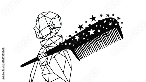 Abstract figure holding a magical comb with sparkling stars, symbolizing creativity and transformation.