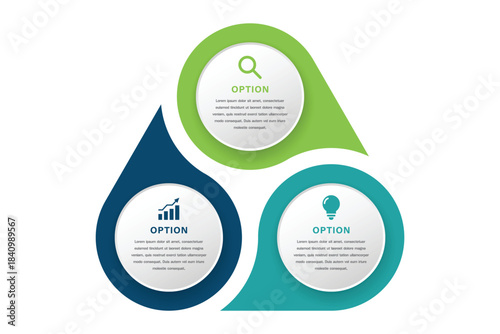3 Option Infographic with Circular Icons and Teardrop Backgrounds in Green, Blue, and Teal