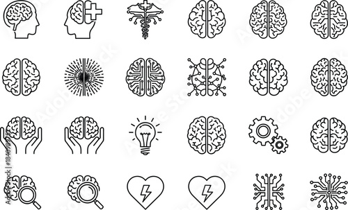 Neuroscience, Brain Health, and Mental Wellness Vector Icon Set: Psychology, Intellect, Creativity, Idea Generation, Medical Research, and Human Mind Symbols, Line Art