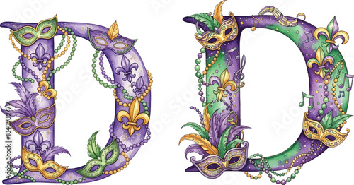  Mardi Gras Letter D Watercolor Alphabetic