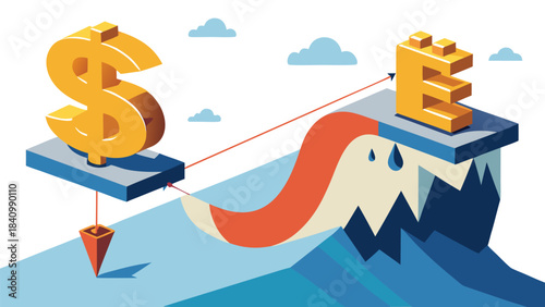 3d illustration of dollar and euro currency symbols on cliff edge