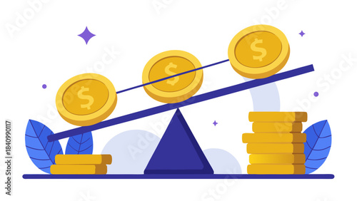 Financial balance concept with coins on a seesaw