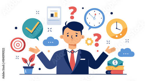 confused businessman with question marks and business icons
