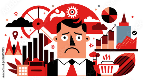Stressed businessman with cityscape and business graphs