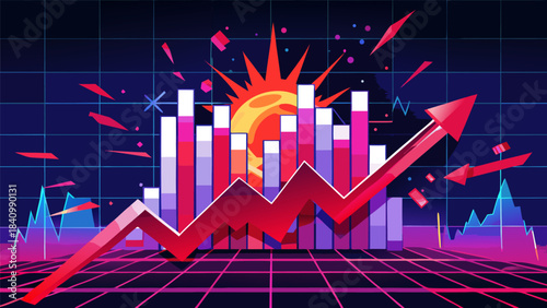 Retro styled business graph with rising arrow and sunset