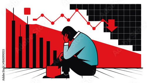 depressed businessman sitting in front of falling stock market graph