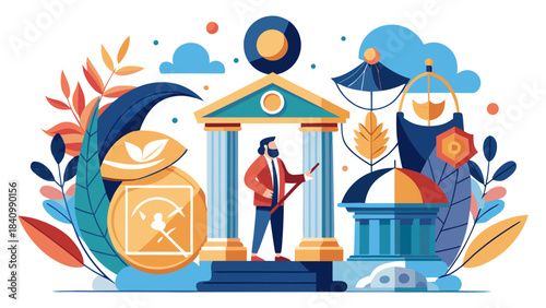 man standing in front of a bank building with colorful illustrations