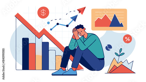 Stressed businessman sitting amidst declining financial graphs and charts