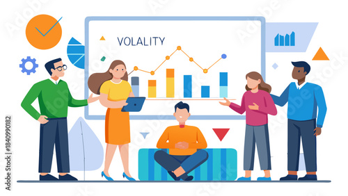 business team discussing volatility graph on screen