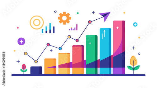 Vibrant business growth chart with colorful graphs and icons