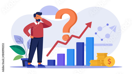Confused businessman standing in front of growing graph with question mark
