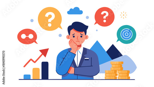 Businessman with question marks thinking about finance and investment