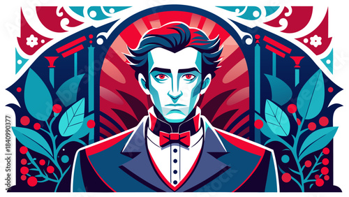 vampire man in tuxedo with red bow tie and floral background