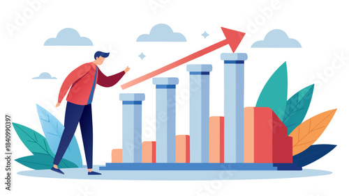 Businessman pushing growing bar chart with upward arrow