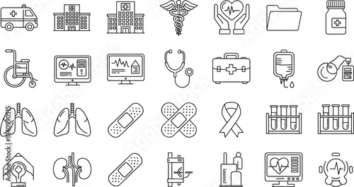 Detailed set of black and white line icons representing core corporate values, business ethics, social responsibility, integrity, teamwork, strategic vision, and company goals.