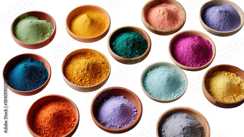 Colorful Powder Display: An array of vibrant powders in terracotta bowls, each displaying a unique hue, create a captivating display of color and texture.