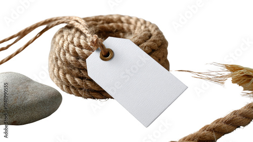 Tag and Label: A neatly coiled rope with a blank tag, alongside a smooth stone and textured rope, evokes a sense of natural simplicity and offers space for customization.