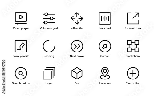 Modern digital interface icon set. Clean navigation tools, communication signs, media controls, and interactive UI elements