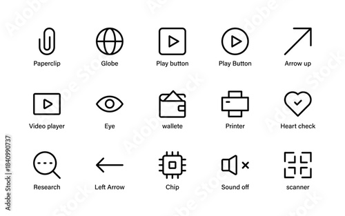 Essential UI interface icon pack. Alerts, tags, controls, navigation, media, and versatile interactive elements