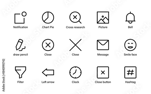 Modern UI interface icons collection. Navigation tools, action controls, media symbols, gestures, and essential interface elements
