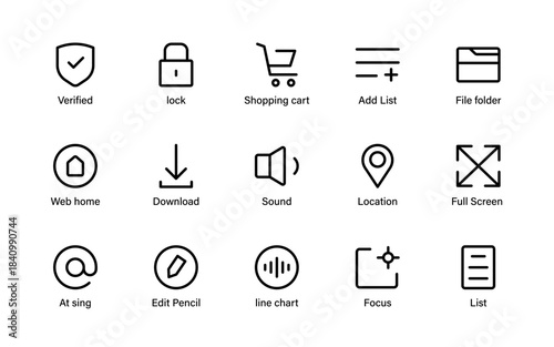 Clean UI component icons set. Practical action signs, navigation markers, media controls, and functional interface symbols