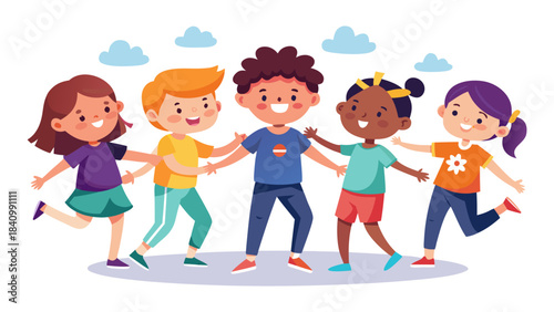 Diverse group of happy children holding hands in a circle, playful cartoon illustration