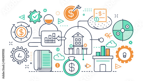 Retro Vintage T-Shirt Design with Business and Finance Icons in Flat Illustration Style