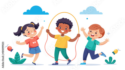 Retro t-shirt design of three diverse children joyfully jumping with hula hoops in sunny outdoor park