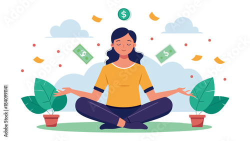 Young woman meditating with money and growth plants in retro t-shirt design concept