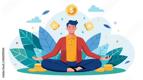 Retro t-shirt design with man meditating surrounded by golden coins and leaves in vibrant flat illustration style