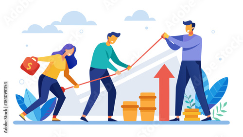 teamwork and growth concept with people pulling rope