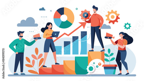 Retro teamwork and business growth concept with diverse professionals analyzing data and planting success on t-shirt design