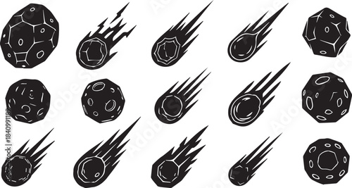 Black Asteroid Icons with Flames on White Background