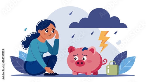 Worried woman and empty piggy bank on rainy day
