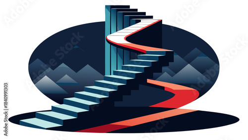 Futuristic 3D spiral staircase in modern business skyscraper with glowing orange and blue lighting