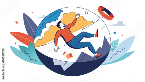 man falling off globe with floating objects and clouds