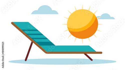 Empty teal beach lounger under bright summer sun with fluffy clouds in clear sky