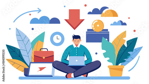 Young professional analyzing financial decline on laptop in serene home office with growth and loss icons