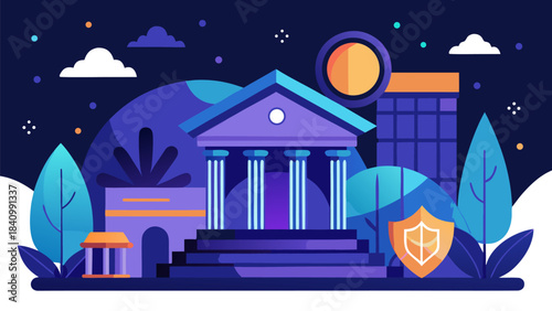 Modern cybersecurity and blockchain technology concept with futuristic courthouse under starry night sky