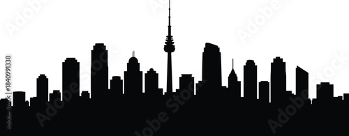 Black city skyline silhouette vector, modern urban skyline illustration, high-rise towers and telecom spire, architectural diversity, minimalist monochrome design, editable iconic
