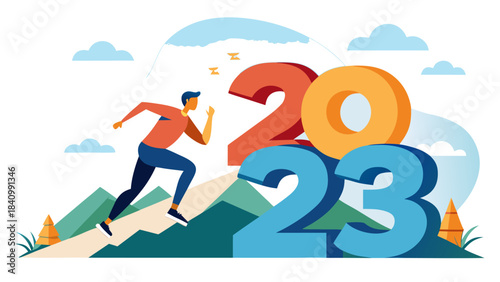 Runner celebrating success crossing 2023 finish line with confetti and motivational numbers in vibrant outdoor setting