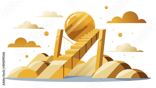 golden coin balancing on wooden seesaw with sand dunes and coins illustration