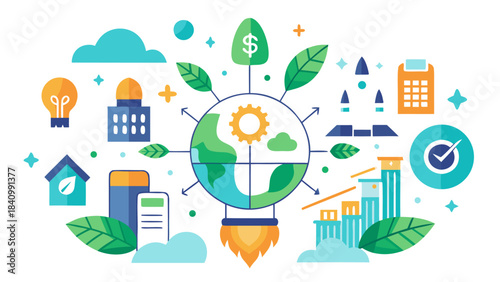 sustainable business growth concept with eco-friendly global finance and renewable energy icons